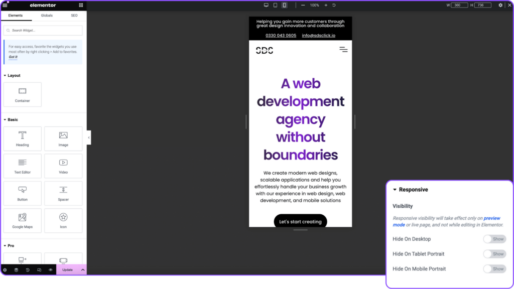 Responsive web design using Elementor